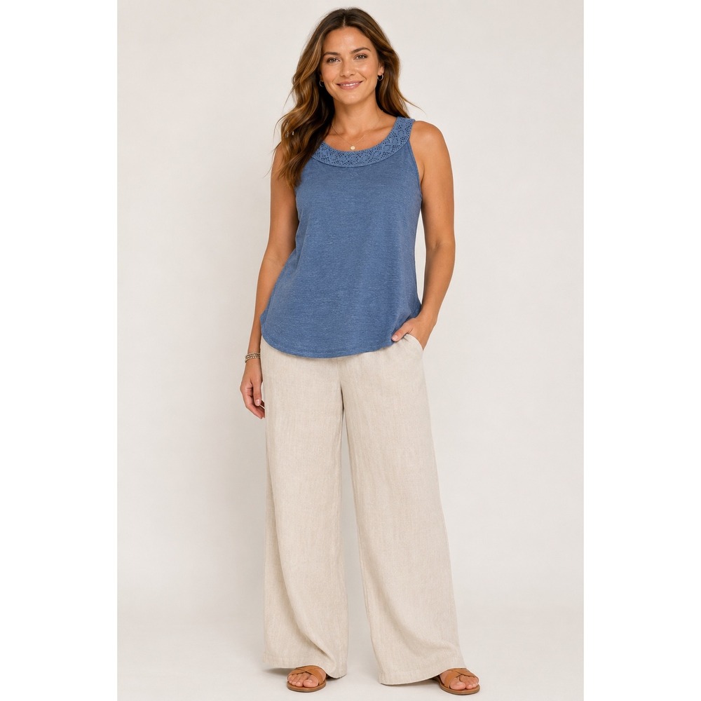 Rachel Zoe 100% Linen Sleeveless Blue Crochet Trim Tank Top Women's Large